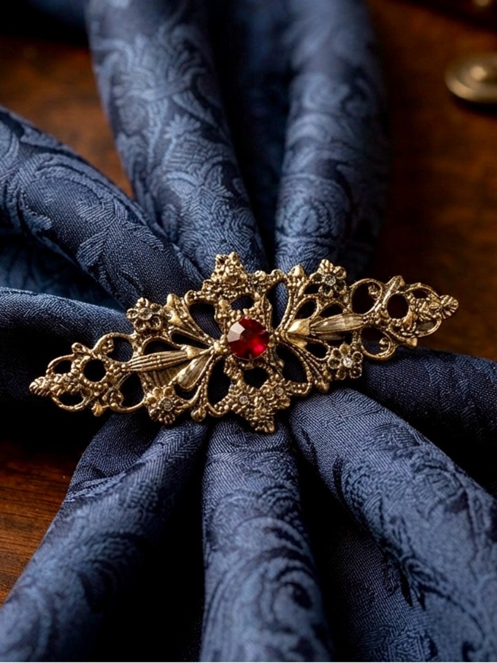 Vintage Gerry’s Gold Tone Filigree Bar Pin Brooch Ruby Red Rhinestone Faux Pearl